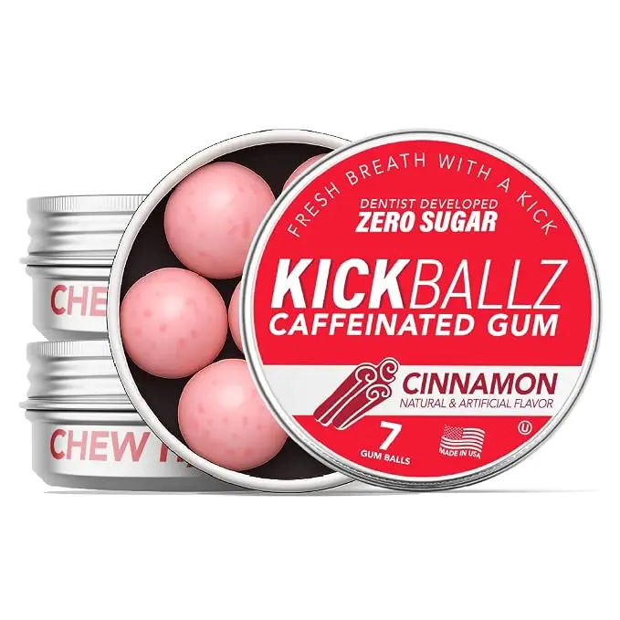 KickBallz Cinnamon Caffeinated Gum – 110mg Fast-Acting Caffeine, Sugar-Free, Dentist-Created, 3-Tin Pack Gum