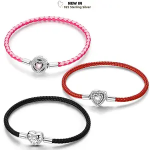 New Women Bracelets 925 Sterling Silver Heart-Shaped Skin Rope Weaving Charm Pink Black Red 17-20 Original Bracelet Jewelry Gift