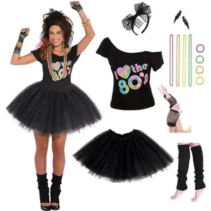 Women's80'sCostumeswithAccessoriesSetTutuSkirtEarringsNecklaceBraceletsFishnetGlovesLegwarmersHeadbandAllin...