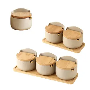 Ceramic Condiment Pot Set with Spoon & Flip Lid Sugar Salt Bowl Spice Jar for Tea Seasoning Storage Lightweight Antique Organizer for Home Kitchen Perfect Housewarming Gift Canister Tin Containers - Utensils Summervibes Wooden
