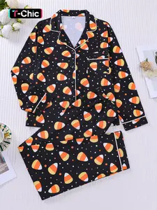 2-piece set with black background, full body, colorful polka dot, tri color guitar paddle print, long sleeved pants, soft and comfortable, skin friendly, smooth top, small pocket, button closure, elastic waistband, suitable for all seasons home, casual we