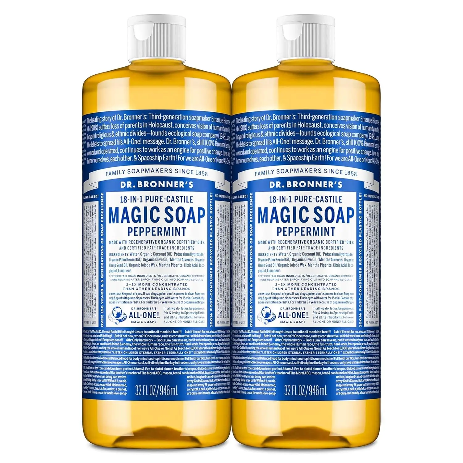 Pure-Castile Magic Liquid Soap- Made with Regenerative Organic Oils- For Body, Face, Hair, Dishes, Pets, Laundry Natural, Vegan, Non-GMO - Peppermint, 32 oz (2-Pack)