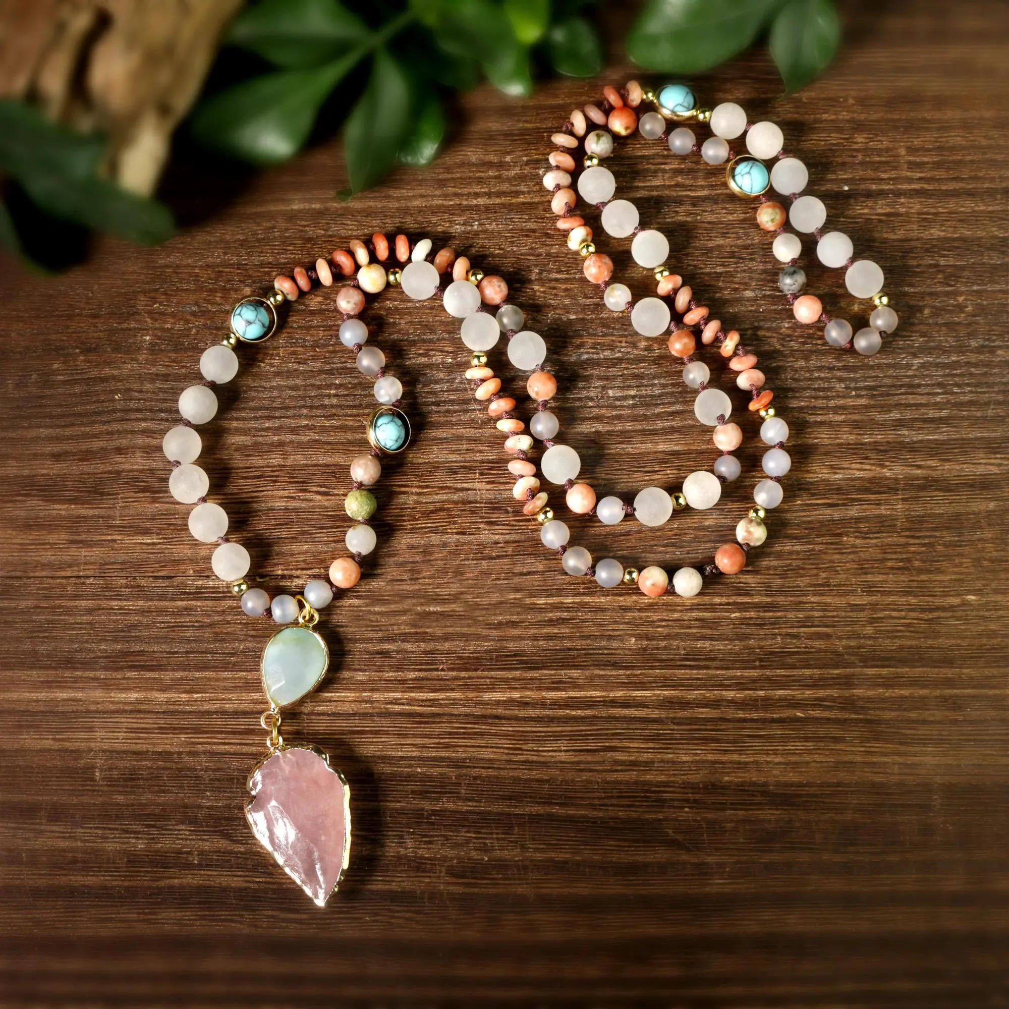 Women's 36in Semiprecious Stone Mala Daily Wear Necklace - Natural Rose Quartz Arrowhead, Amazonite Pendant, Mixed Beaded, Knotted, Healing Chakra Boho Chic Gift