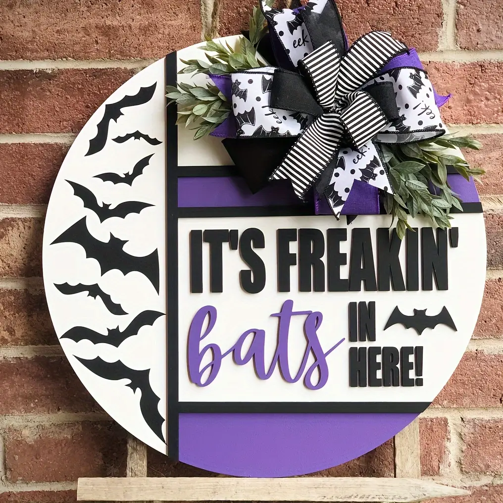 3D Halloween Bat Wooden Door Hanger - Farmhouse Front Door Decoration with Bow, Round Welcome Sign for Porch