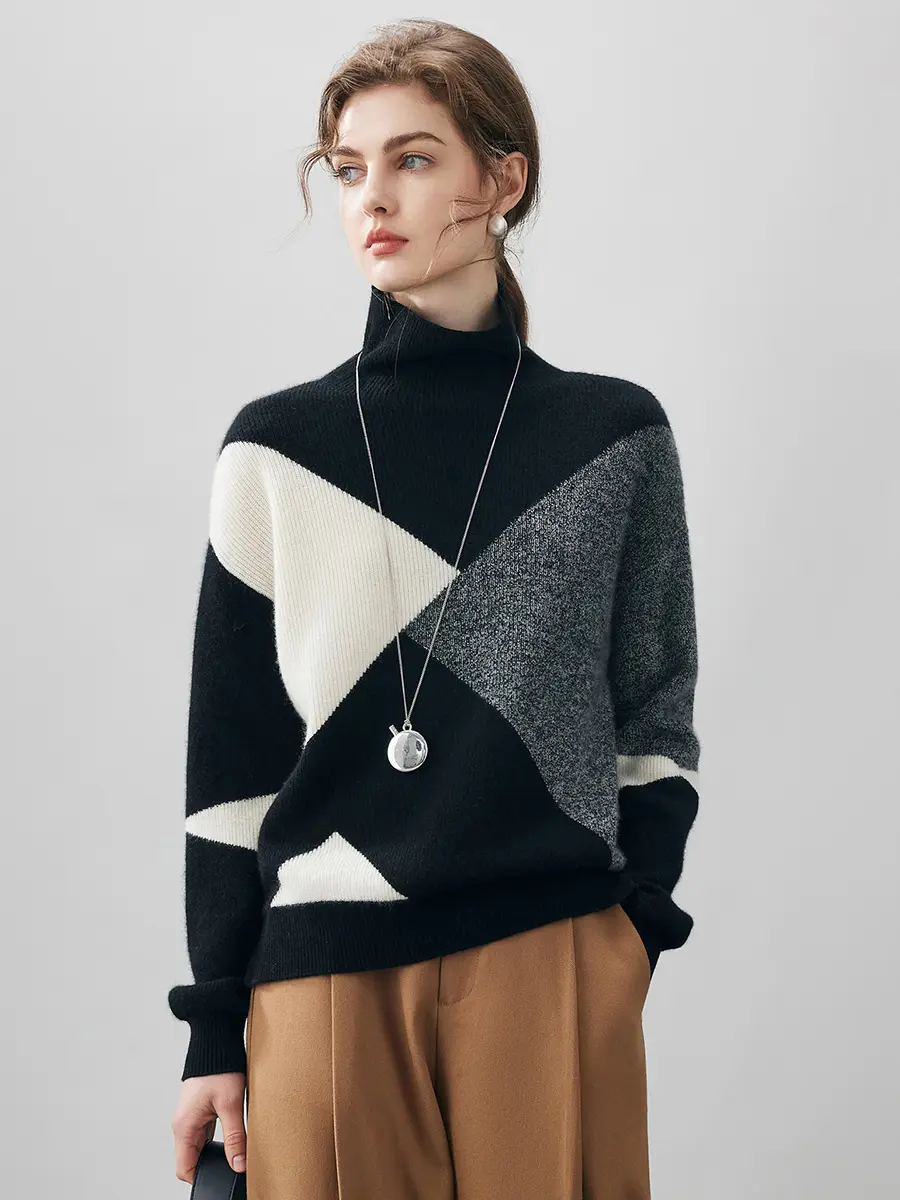 COMOBOCA Women's 100% Cashmere Geometric Turtleneck Knitting Top - Fitted Longsleeves Clothes, Casual Winter Cozy Pullovers