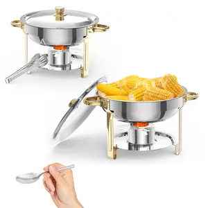 5QT Round Stainless Steel Chafing Dish 4-Piece Kitchen Buffet Set, Commercial Grade Solid Metal Food Warmer with Dual Temp Control, Lid Holder, Spoon, Tweezer for Catering, Weddings, 4-Piece Set