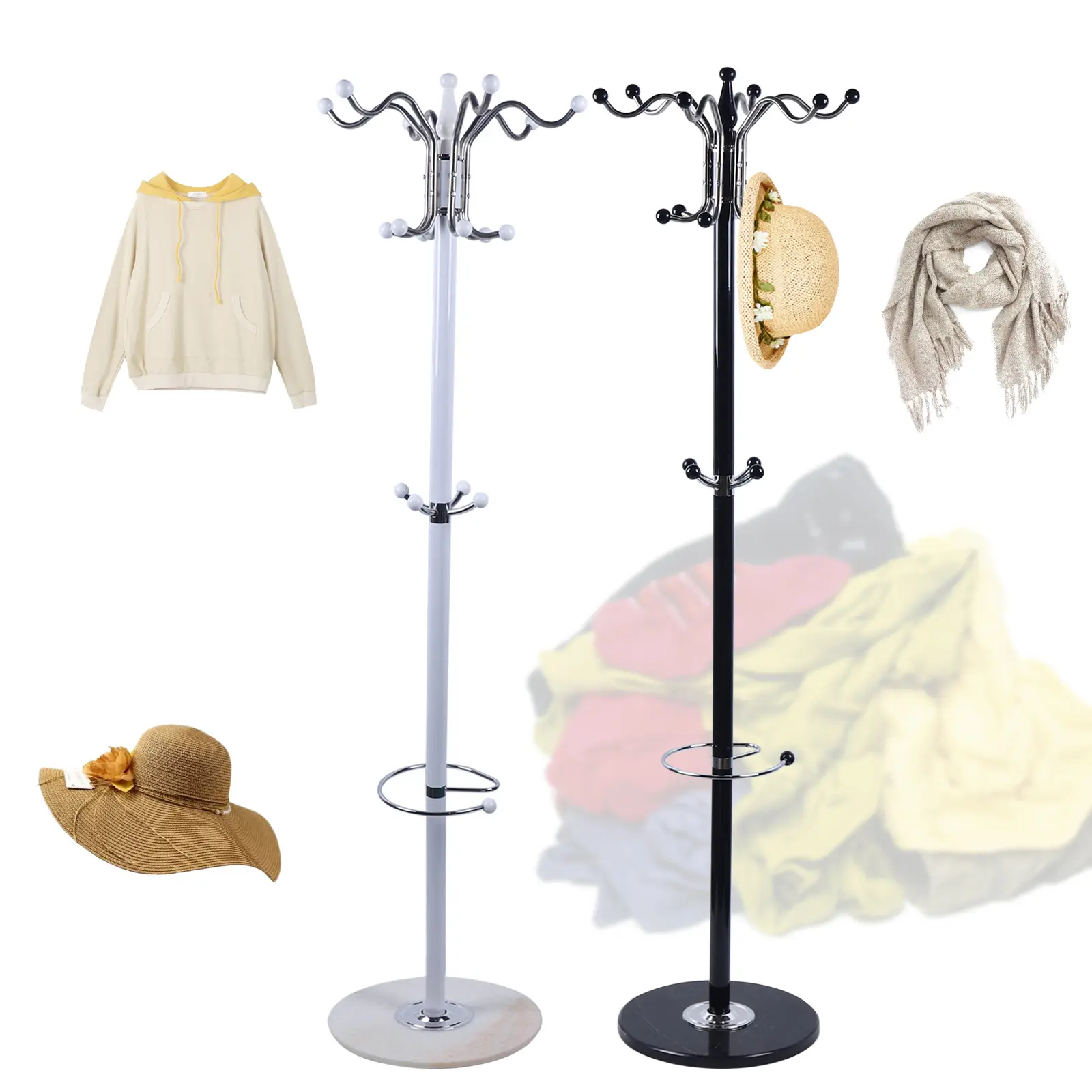 Modern Free-Standing Garment Rack - 170cm Height, Marble Base, Stainless Steel Frame, 33lb Load Capacity, Multi-Hook Organizer, Space-Saving, Hardware Required, Wipe Clean with Soft Damp Cloth for Entryway, Bedroom, With Base