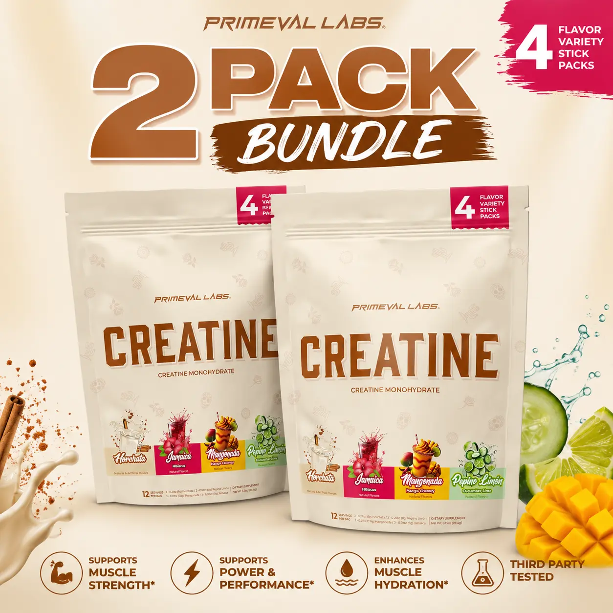 Primeval Labs Creatine Variety Pack 2-Pack Bundle – 24 Sticks, 4 Flavors, Creatine Monohydrate – Horchata, Jamaica, Mangonada & Pepino Limón