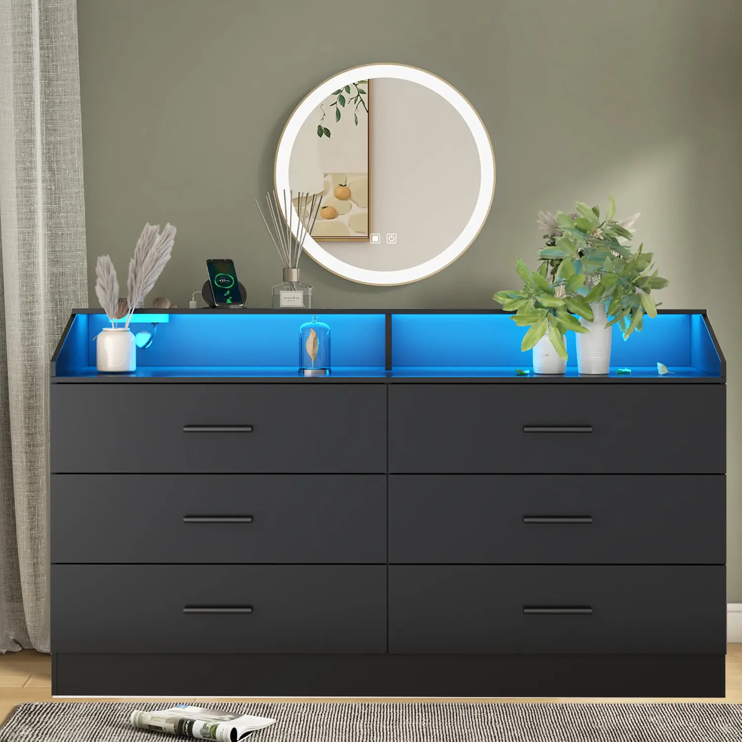 White 6 Drawers Dresser for Bedroom with  Power Outlet, Modern Chest of Drawers with LED Light, Storage Dresser with Open Storage Cubby, Double Wide Dresser Organizer for Closet, Bedroom, Entryway, Hallway, Living Room