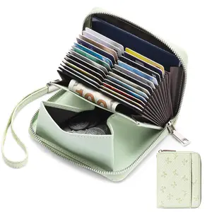 Womens Genuine Leather Zipper Credit Card Holder RFID Blocking Small Accordion Wallet with Coin Pouch