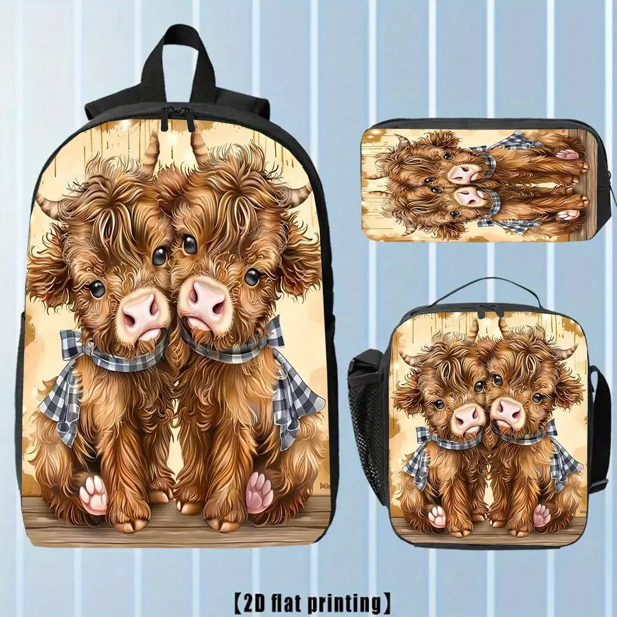 3-Piece School Backpack Set for Students, Unisex Youth Bookbag with Cute Cartoon Highland Cow Print and Pencil Case
