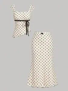 Vintage Polka Dot Two-Piece Set, Asymmetrical Top and Low Waist Fish Tail Skirt, Boho Style, Summer, Wedding Guest Dress, Boho Outfit Sets, Summer Clothing Set