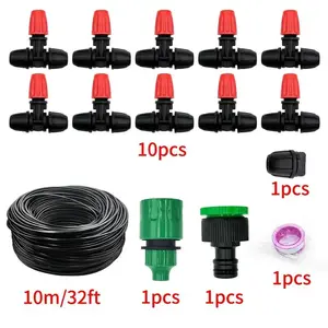 10m-30m Mist Irrigation Kit, 1/4" Drip Tubing Hose, Locking Misters, Tee Connectors, Adjustable Flow Control Valve, Garden Lawn Greenhouse, Adjustable Watering System