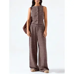Women’s striped sleeveless wide-leg pants set, loose fit, suitable for everyday wear and street style GARMENTARY