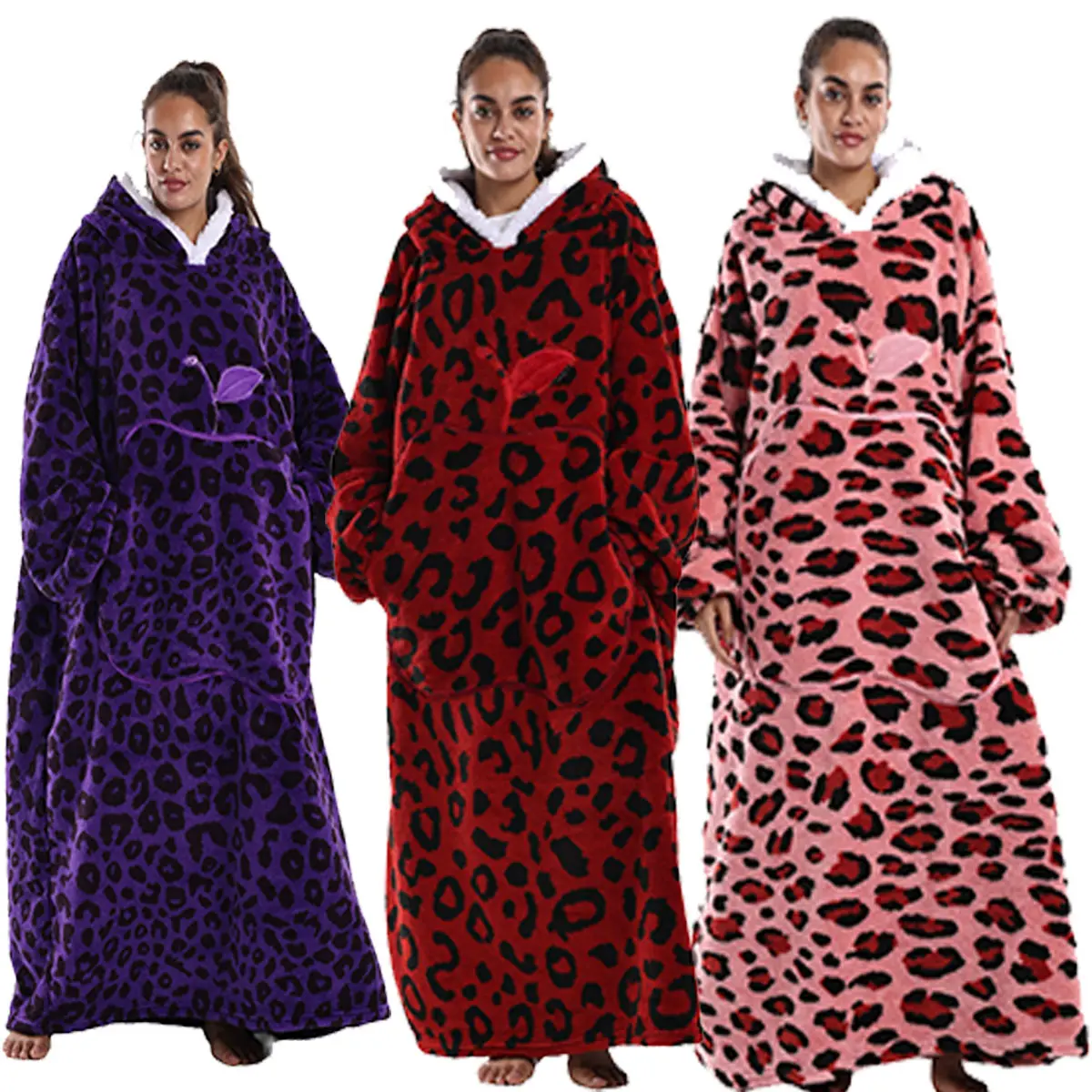 Long Ultra-Size Oversized Apple Pocket Leopard Print Wearable Blanket Home Clothing Loungewear Fleece Coat Warm Soft Bathrobe Sleepwear for Adults Unisex Hand Wash Leopard Pattern Blanket Cozy Blanket
