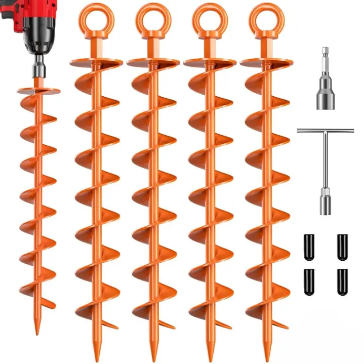 Ground Anchor Screw in Spiral Trampoline Anchors with Nut and Tool Swing Set Anchors Tent Stakes High Wind Heavy Duty for Sheds Carports Mobile Home Camping Tent Waterproof heavy-duty, 4 Pack