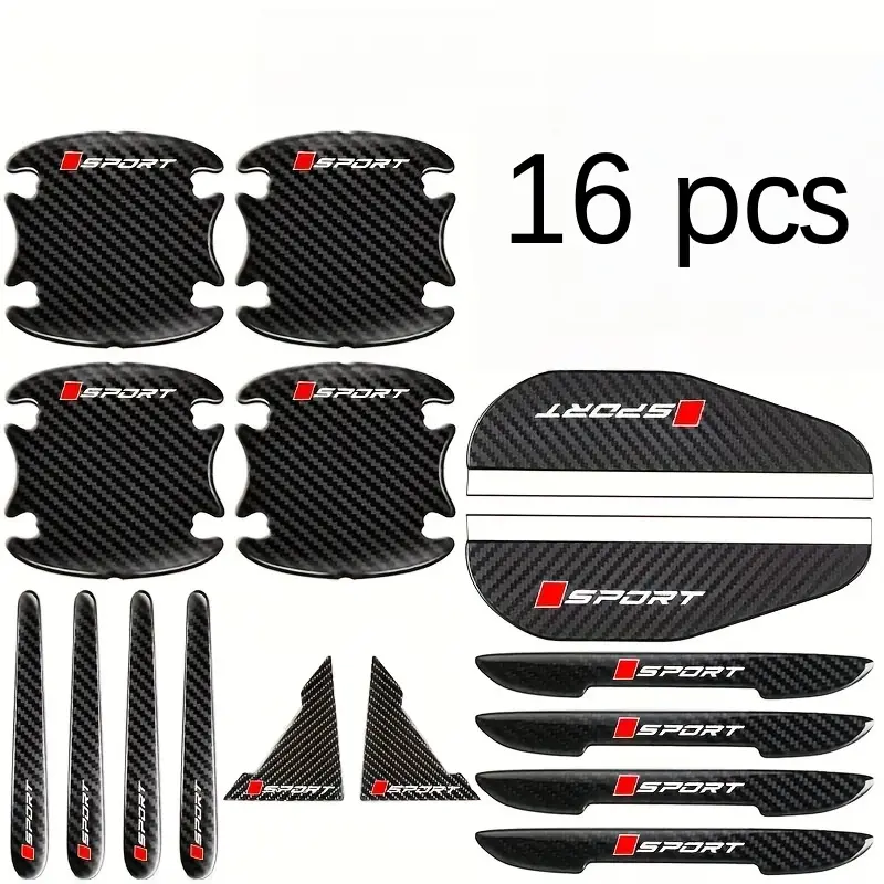 16pcs Carbon Fiber Car Door Bumper Stickers Set, Anti-Scratch Protection Decals, Sporty Letter Pattern, Car Decoration Accessories, Universal Car Sticker, Car Decorative Sticker, Car Vehicle Decoration, Automotive Decoration, Automobile Decals