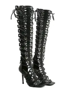 Fashion Women Gladiator Sandals Stiletto High Heel Summer Boots Lace Up Cross-tied Sexy Sandals Mesh Over Knee Party Shoes summervibes