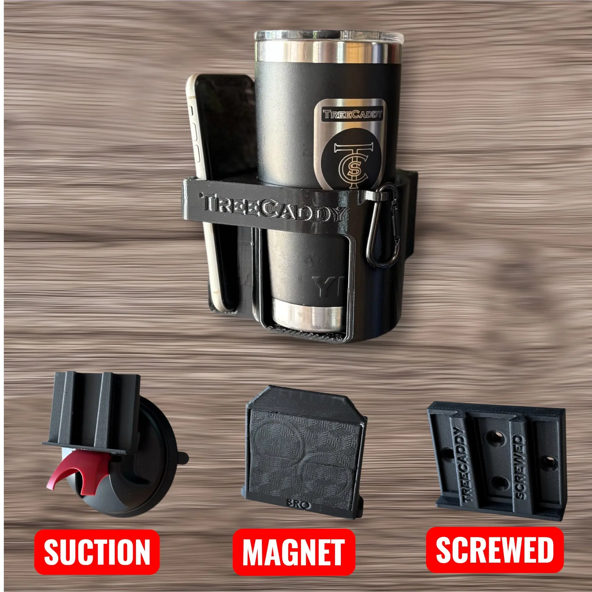 TreeCaddy Flex - Universal Phone and Cup Holder for Toolboxes, Tractors, Equipment, Boats, etc. - The Worker's Bundle