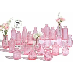 24 Pack Pink Bud Vases in Bulk, Mini Glass Vintage Vases for Centerpieces, Wedding Decor, Small Flower Vases for Party & Home Decoration, Mother's Day (Pink)