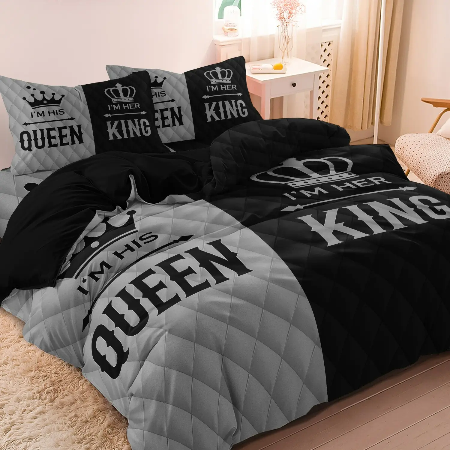 3 Counts/set Crown Couple Pattern Digital Print Bedding Duvet Cover Set (Including 1 Duvet Cover & 2 Pillowcases, No Comforter, No Pillow), Bedding Set for Family, Hotel, Dormitory Use, Comfy Bed Sets, Decorative Bedding Set