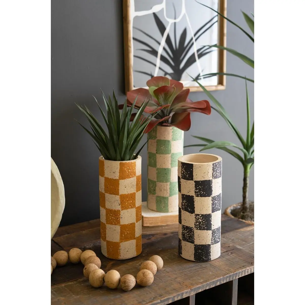 Set Of Three Checkered Clay Cylinder Vases