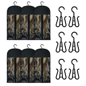 6PCS Non-Woven Fabric Wig Storage Bag Set with Hanger, Dust Cover & Compartments, 23.6"x11.8" Collapsible Breathable Home Organizer for Travel