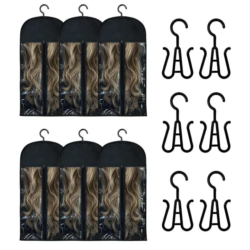 6PCS Black Non-Woven Wig Storage Bags Set - Hangable, Collapsible, Dustproof Home Organizer with Hanger, Dustcover, Compartments, 23.6in x 11.8in Breathable Travel Solution
