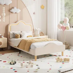 Garvee - Upholstered LED Bed Frame in Twin Size with Adjustable Headboard and Footboard, Velvet Platform Bed Frame for Boys and Girls, Wooden Slat Support, No Assembly Required