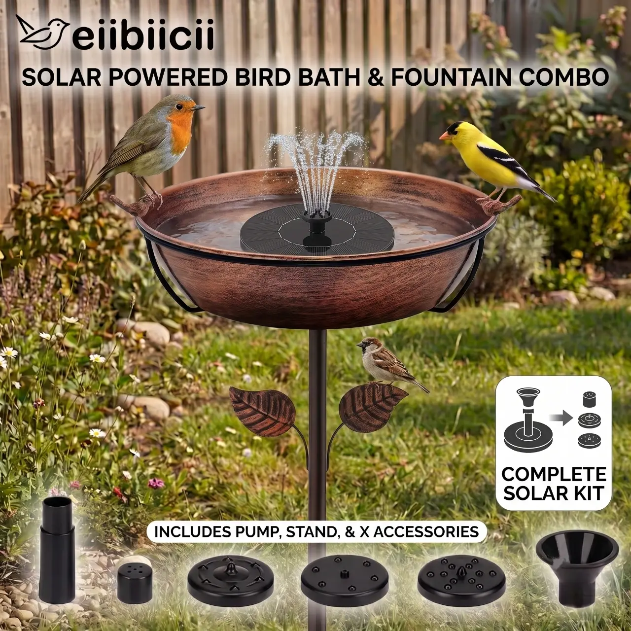 Extra-Large 1.4-Gallon Outdoor Bird Bath with Free Solar Fountain Pump – 13.6 Inch Removable Cast Iron Basin, 41.6" Height, Rust-Proof & Easy to Clean, Includes 2 Decorative Ornaments for Garden Patio