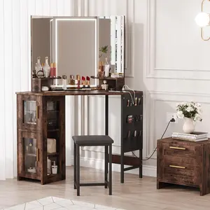 Gaomon Corner Vanity Desk Set with LED Lighted Mirror, Charging Station, Storage Cabinet and Stool - Vanity Set with Chair