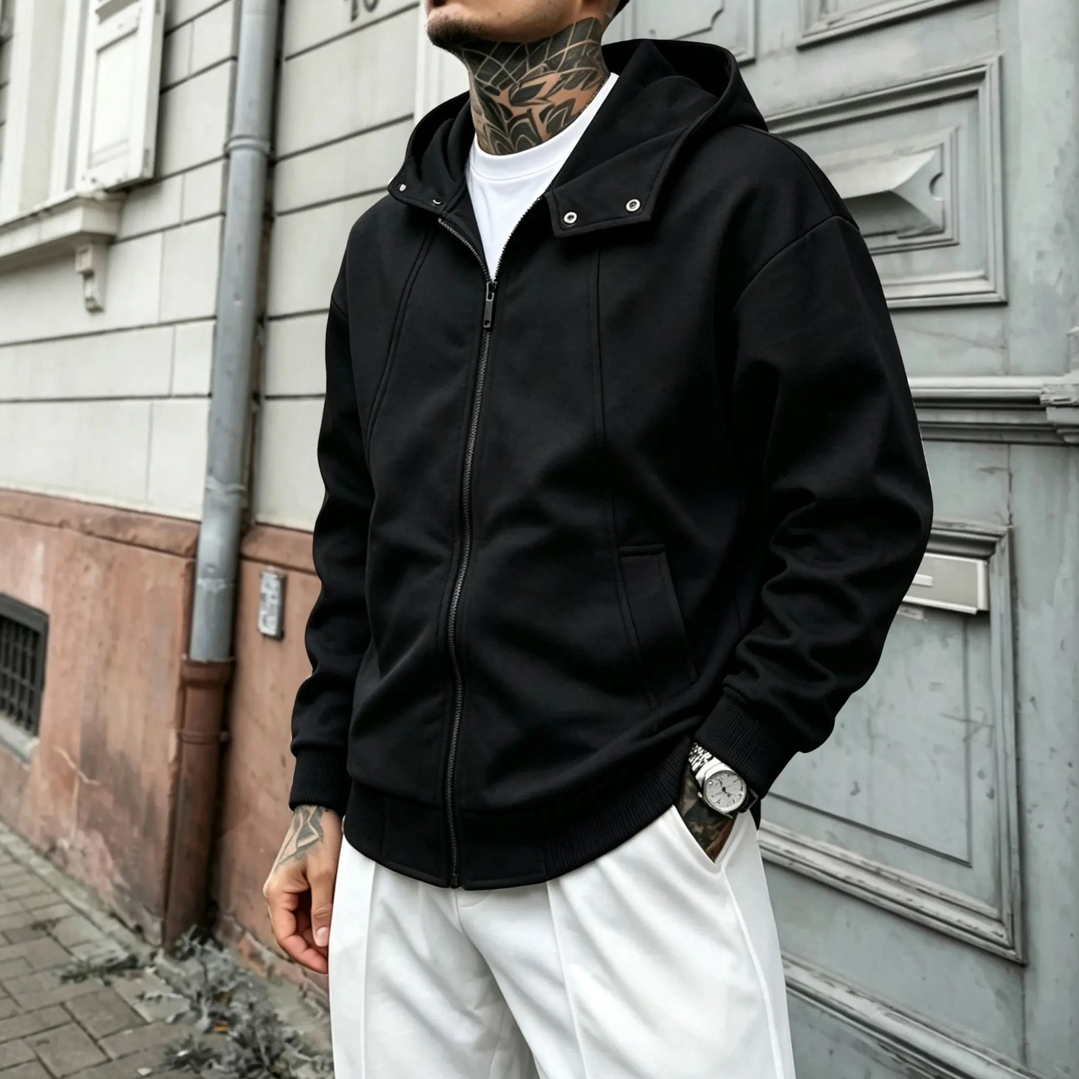 Men’s Zip-Up Drop-Shoulder Hoodie - Polyester Clothes with High Collar, Snap Closure, Slanted Pockets, Ribbed Cuffs, Elastic Hem, Machine Washable, Suitable for Everyday Wear, Outings, Machine Wash, Zip-Up Hoodie