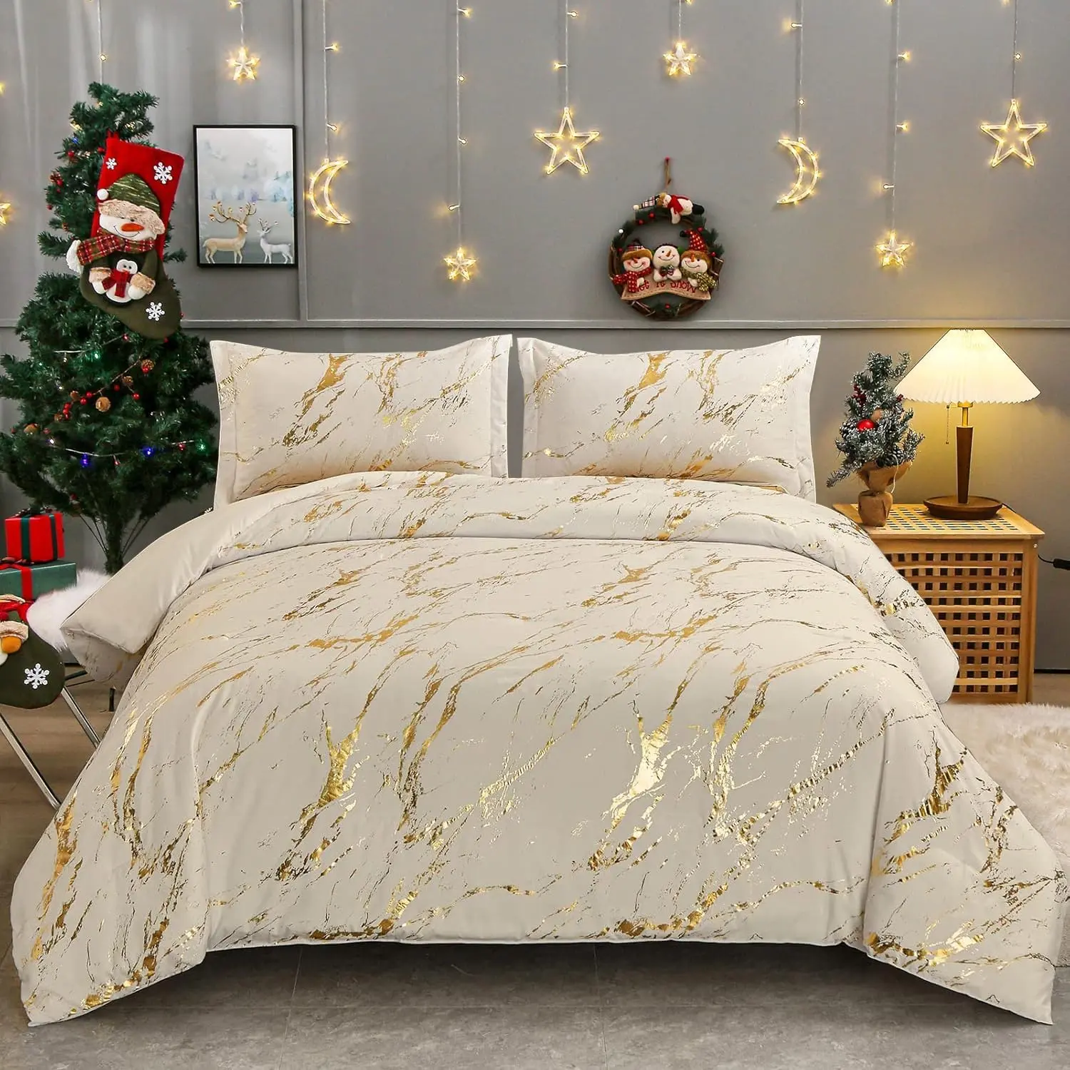 Glam Khaki Gold Marble Print Quilted Bedspread Set - King Size Durable Microfiber Duvet Set with Exquisite Stitching, 103"x90" Comforter & 2 Pillowcases, All Seasons Bedding Collection