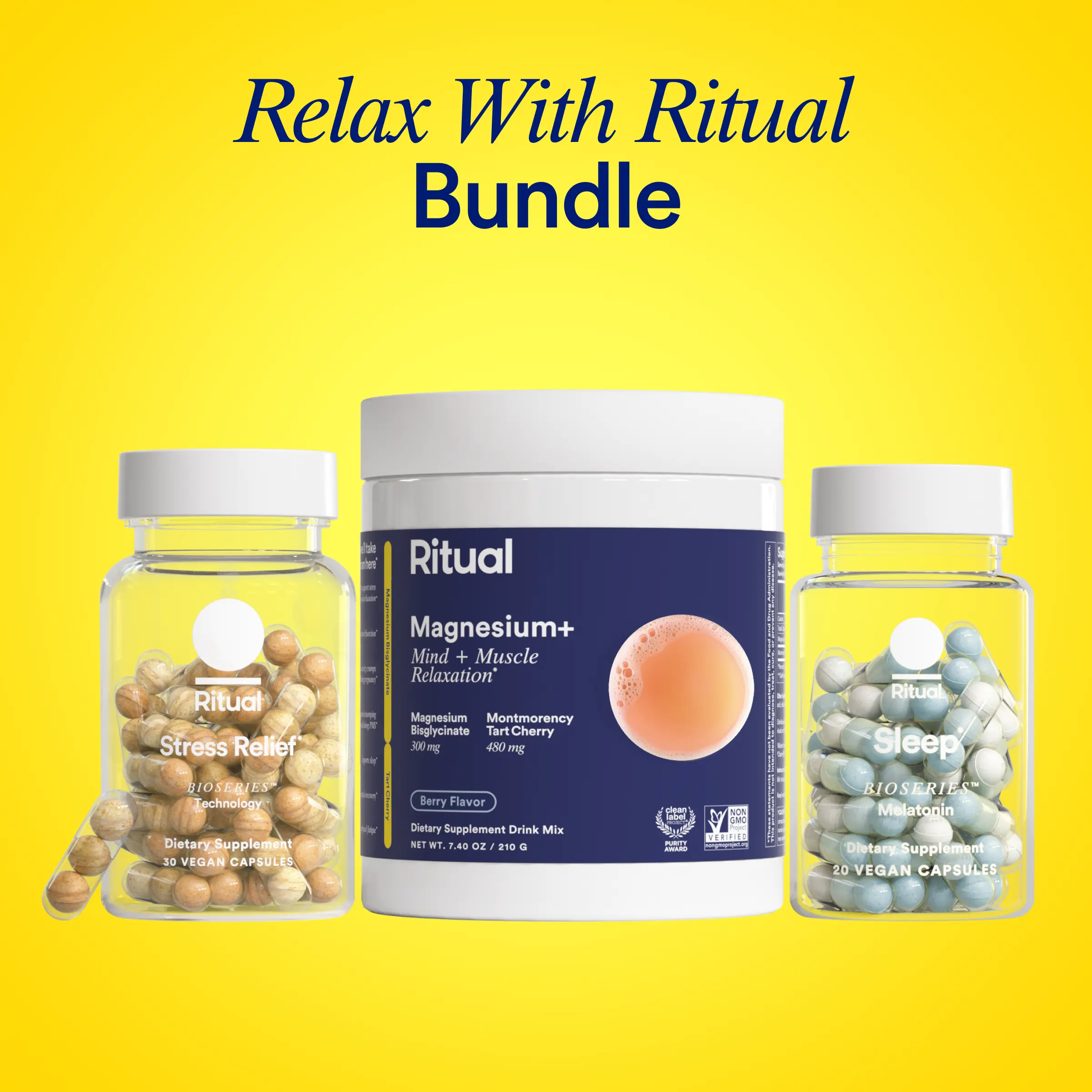 Relax With Ritual Bundle | Magnesium+, Sleep BioSeries Melatonin, Stress Relief Supplements