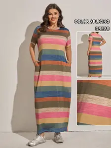 Women's Plus Size Colorful Patchwork Striped Print Short Sleeve Round Neck Long Nightgown, Comfortable Casual Home Wear Loungewear Nightwear with Pockets