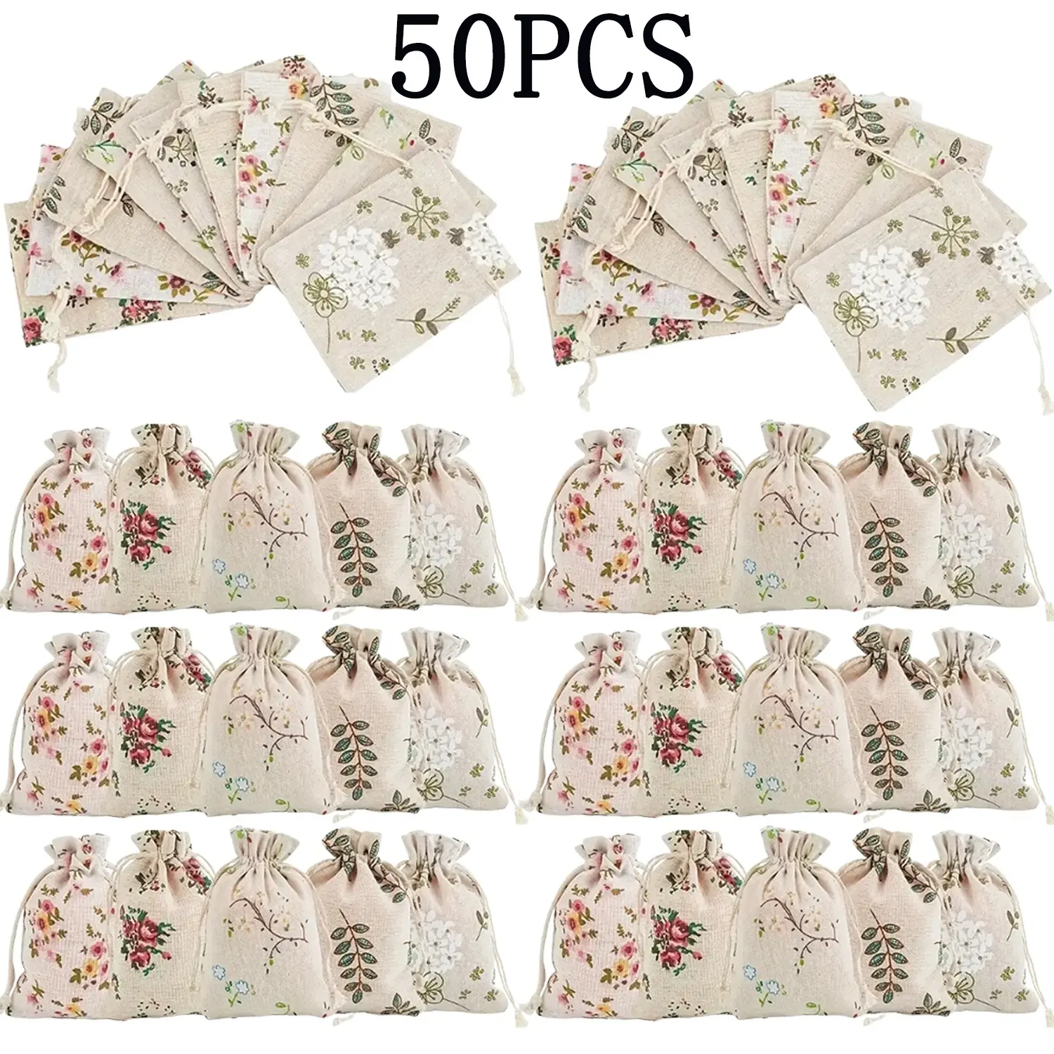 50 Pack Cotton Cloth Storage Bags with Drawstring 5.5x3.9 Inch Flower Printed Reusable Jewelry Gift Pouches for Wedding Party Favor