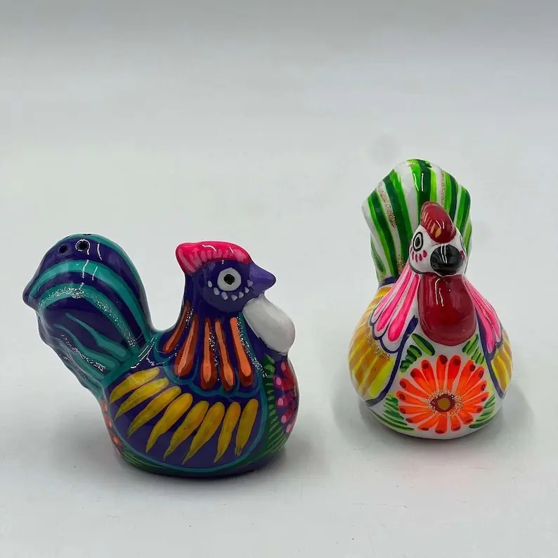 Set of 2 Chicken Salt and Pepper Shakers - Mexican Hand-Painted Guerrero Pottery
