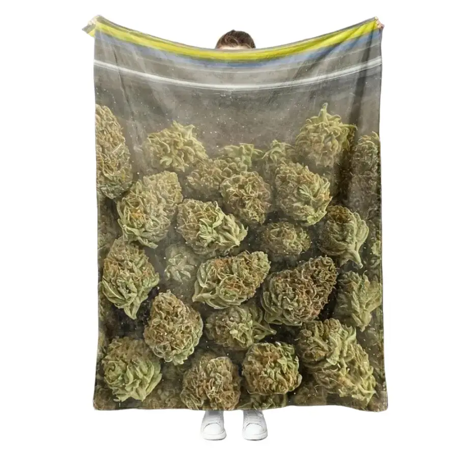Weed Plant Themed Digital Printed Flannel Blanket Premium Soft Flannel Material Orange Light Blue White Line Design Bed Sofa Office Travel Camping Mothers Day Valentines Day Birthday Christmas Gift