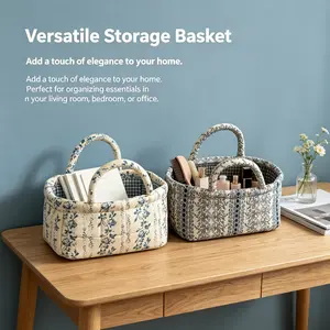 French-style vine print storage basket, stitched fixed design, portable handheld carry, desktop organizer, universal storage basket for small items, available in multiple colors