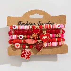 Red Heart Beads Bohemian Bracelet Set 5pcs Stackable Valentine's Day Gift
