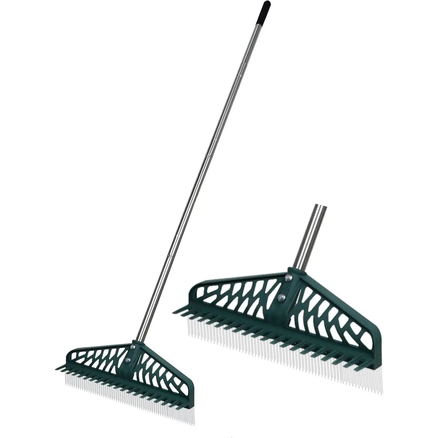 Artificial Rake, Double Sided Garden Hand Broom Rake Stainless Steel Long Pole Leaves Rake16 inch Wide for Garden Grass Clean  Artificial Turf Patios Carpets Pet Hairs Cleaner lawn fork weed remover tool