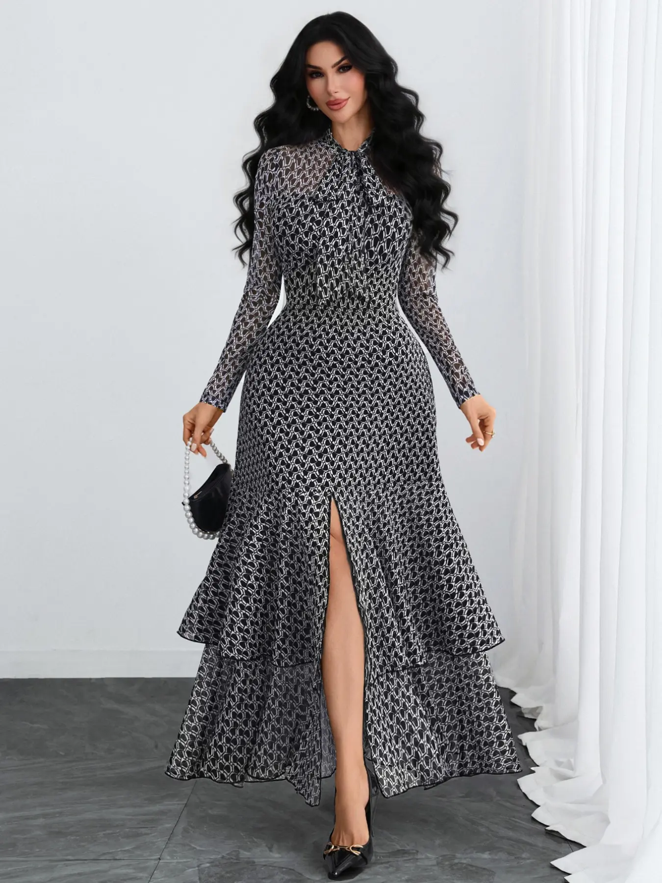 Vintage Polka Dot Belted Stand Collar Long Sleeves Dress, Dual Layer Fish Tail Hem, Elegant Lady Style, Office Wear Long Dress