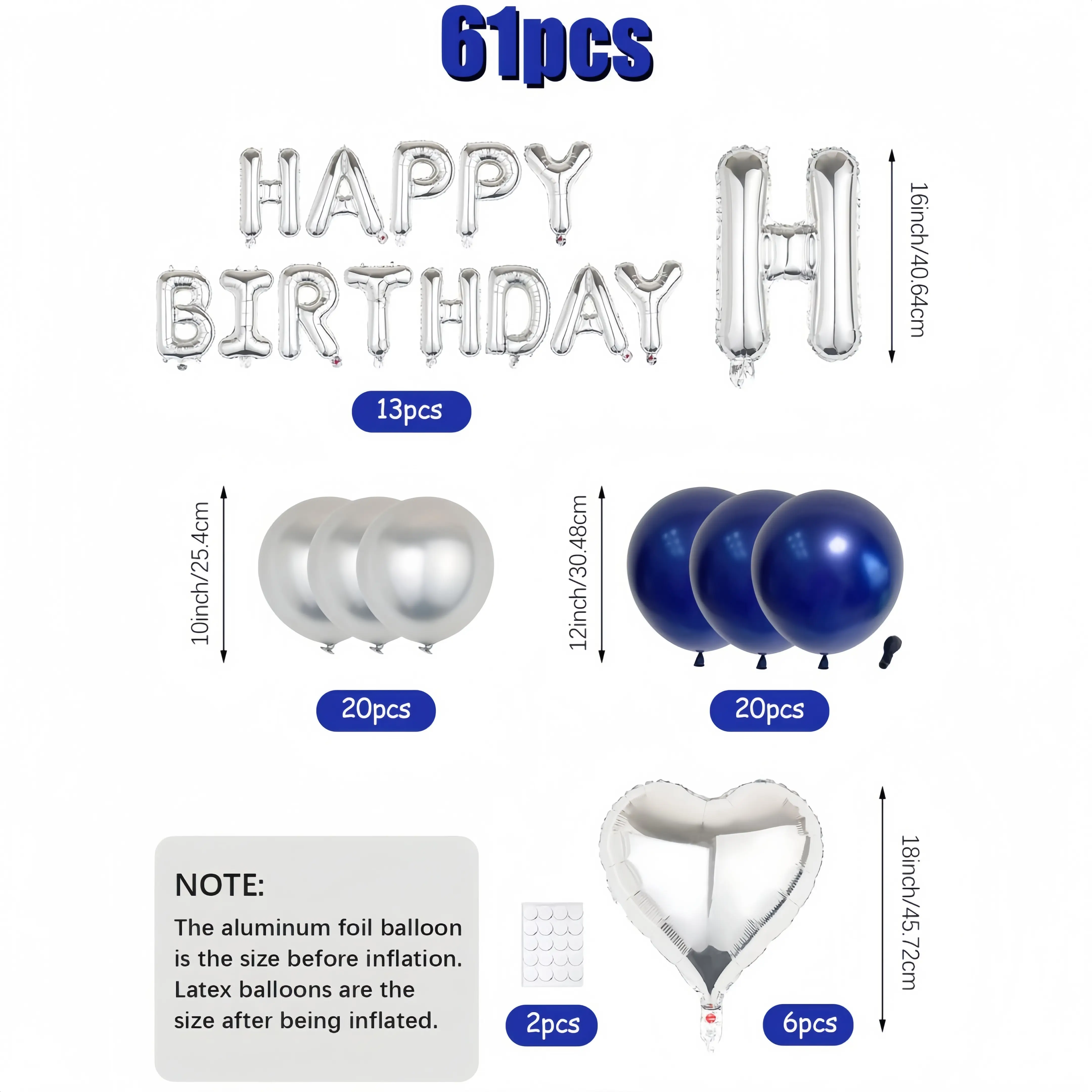 61PCS Silver & Blue Birthday Balloon Decoration Set, Happy Birthday Foil Letter Balloons with Silver Heart Foil & Navy Blue Latex Balloons for Party Backdrop, Room Decor & Photo Props