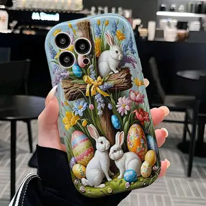 2D Cartoon Easter Bunny & Egg TPU Cellphone Protection Case, iPhone Accessories Compatible with 17/16/15/14/13/12/11 Pro Max/XS/XR/8/7/6, Ideal Birthday & Holiday Gift