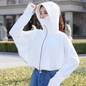 UPF 50+ Full Coverage Sun Protection Hoodie for Women, Breathable Zip-Up UV Jacket with Extended Brim & Face Mask for Summer Outdoor cropped rash guard