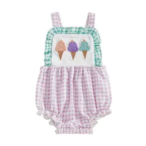 Baby Girl Romper for Summer Loose Fit Ice Cream Embroidered Striped Sleeveless Infant Tank Jumpsuit