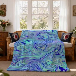 Blue & Green Fluid Print Flannel Throw Blanket, Soft, Warm, Skin-Friendly & Cozy Blanket, Lightweight Abstract Swirl Pattern Throw, Multi-use for Sofa, Bed, Travel, Camping & More, Ideal Gift Blanket for Home Decor