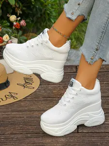Women's Black & White Wedge Platform Hidden Heel Casual Sneakers, Walking Shoes, Breathable Casual Trainers, Hollow Out Breathable Fabric Upper, Ideal for Daily & Commute Wear, Comfortable for Home, Formal Occasions & Travel