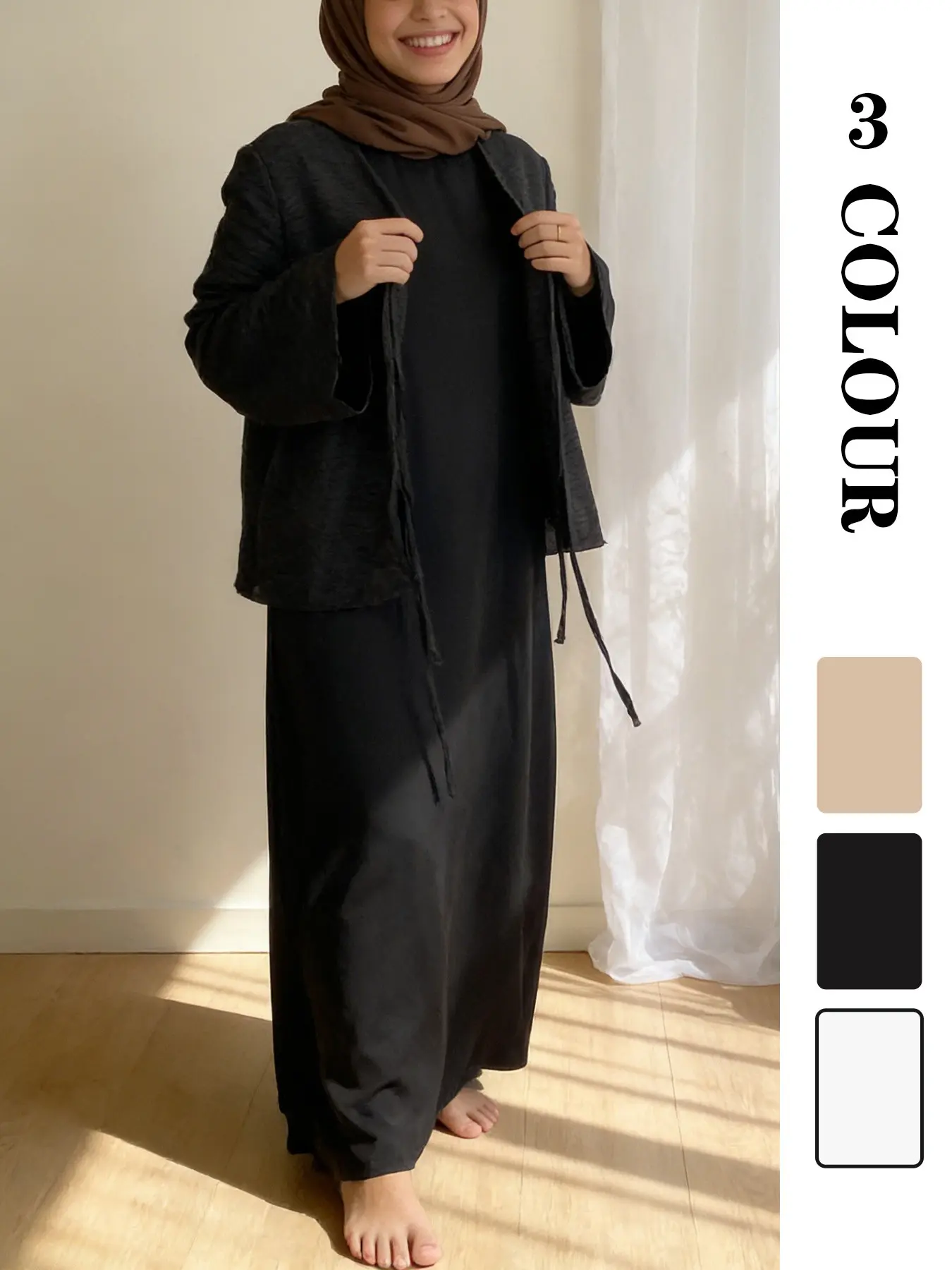 Muslim Pajama Top with Inner dress 2 PCS Set for Women, Fashion Muslim Set, with Modest and Versatile Design, Available in 3 Colors and 5 Sizes, Tie Design and Drapey Fabric for Skirts or Pants, Islamic Clothing Set