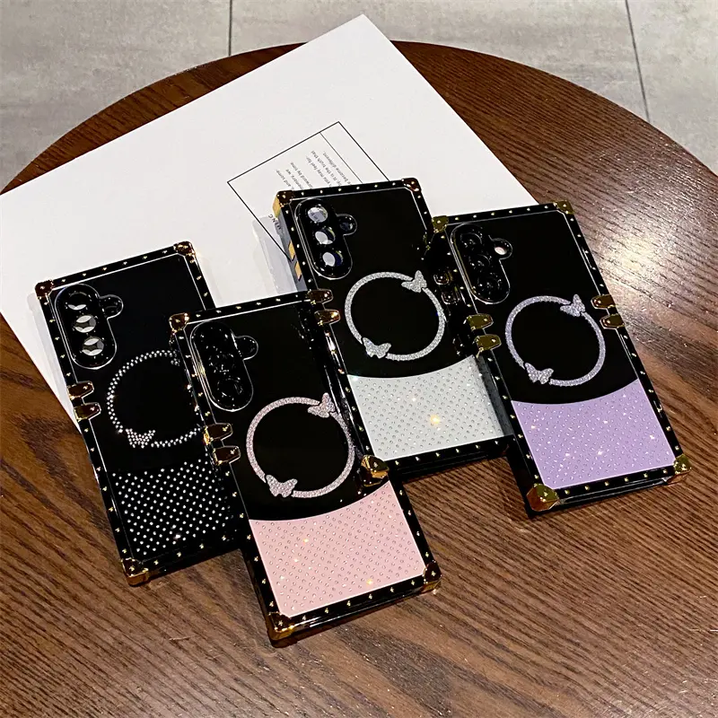 Black frame all inclusive diamond studded mirror butterfly phone case for Samsung Galaxy A06 A14 A15 A55 A54 A56